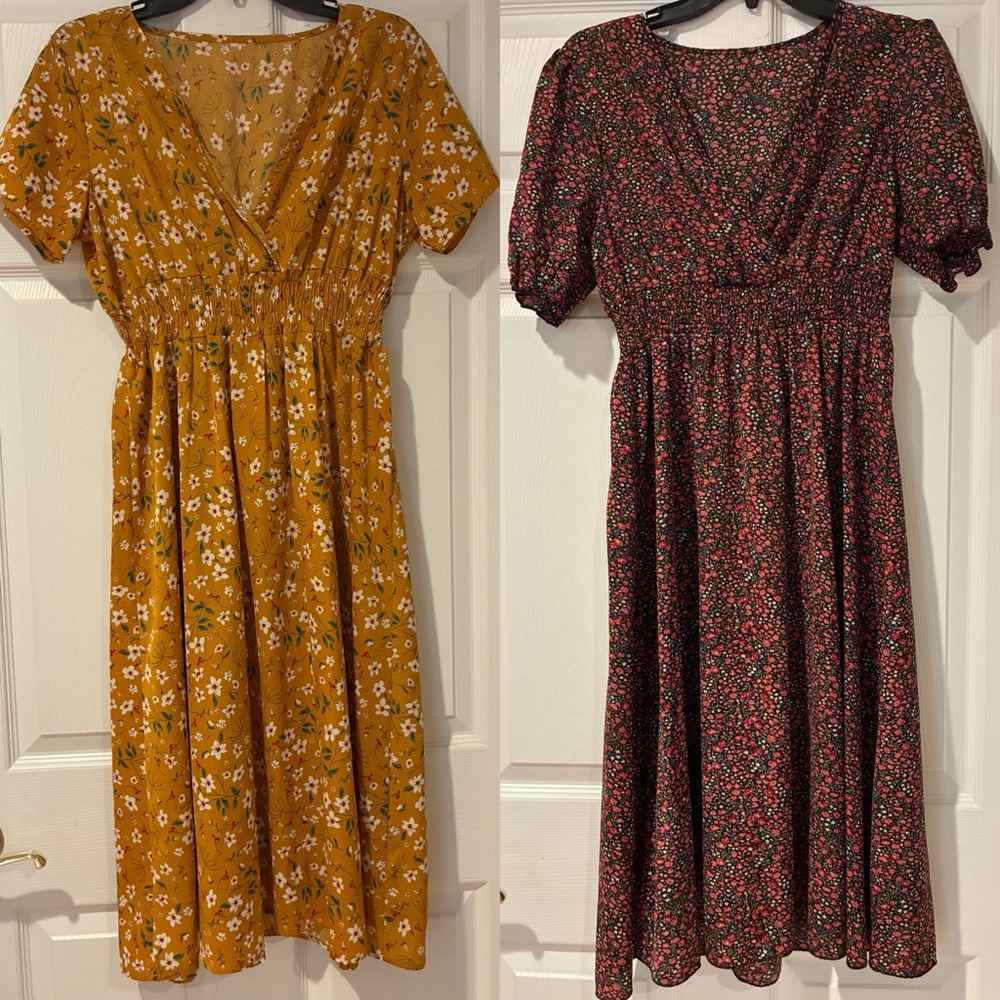 TWO dresses-SHEIN Mustard and Burgundy Floral Midi Dresses